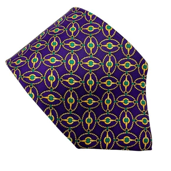 Brooks Brothers luxe chain buckle print 100% silk tie purple green gold 3.75” w - Picture 1 of 4